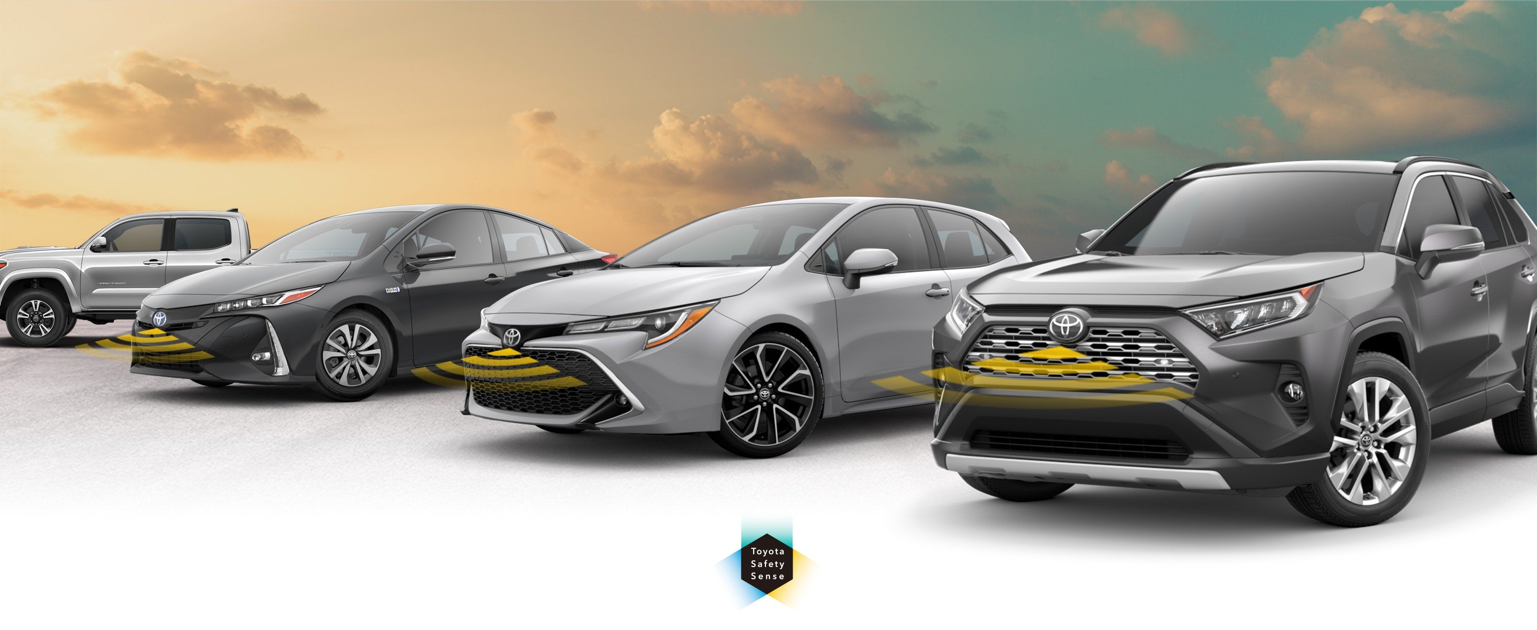 Toyota Safety Sense: Designed for Safety. Options shown on Toyota models including RAV4, Tacoma, and Camry, available now at Balise Toyota of Warwick in Warwick RI.